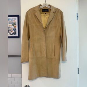 Vintage Nicole Miller 100% Leather Suede Tan Long Jacket Coat size Small